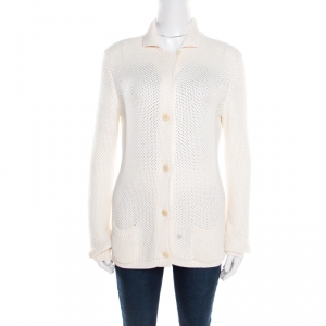 Loro Piana Cream Silk and Cotton Chunky Knit Button Front Cardigan M