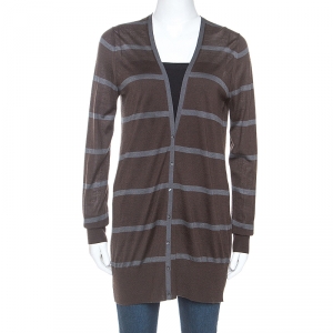 Pre Owned Loro Piana Brown Striped Cashmere Button Front Cardigan M