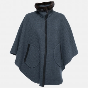 Pre Owned Loro Piana Blue Baby Cashmere Fur Trimmed Cape Coat One Size