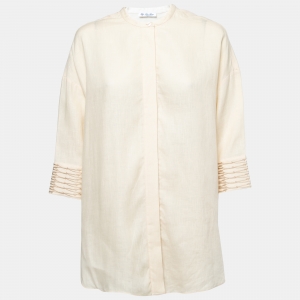 Pre Owned Loro Piana Beige Linen Round Neck Button Front Shirt M