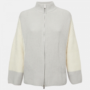 Pre Owned Loro Piana Ivory/Grey Cashmere Zip-Up Jacket S