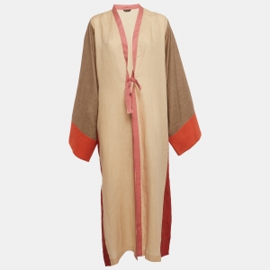 Pre Owned Loro Piana Beige Colorblock Linen Long Kimono M