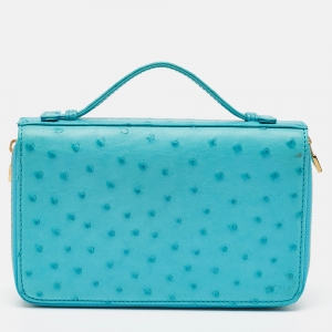 Loro Piana Light Blue Ostrich Leather Double Zip Clutch