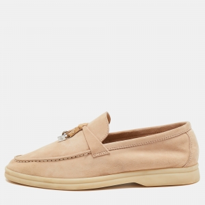 Pre Owned Loro Piana Beige Suede Summer Charms Slip on Loafers Size 37.5