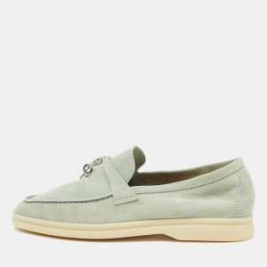 Pre Owned Loro Piana Pale Green Suede Summer Charms Walk Slip On Loafers Size 38