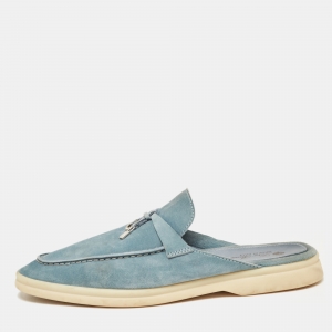 Loro Piana Blue Suede Babouche Charms Walk Flat Mules Size 40