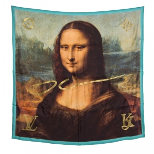 Pre Owned Louis Vuitton X  Jeff Koons Monalisa Printed Silk Lurex Embroidered Square Scarf