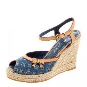 Pre Owned Louis Vuitton Denim and Leather Espadrille Wedge Peep Toe Sandals Size 38.5
