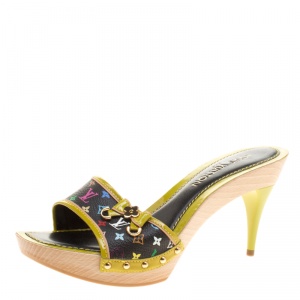 Pre Owned Louis Vuitton Multicolor Printed Monogram Canvas Charm Embellished Peep Toe Wooden Slides Size 39