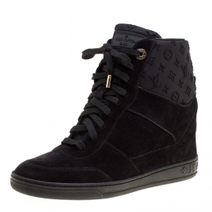 Louis Vuitton Black Suede And Embossed Monogram Fabric Millenium Wedge Sneakers Size 37.5