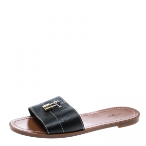 Pre Owned Louis Vuitton Black Grained Leather Lock It Flat Slides Size 40
