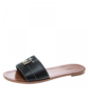 Louis Vuitton Black Grained Leather Lock It Flat Slides Size 41