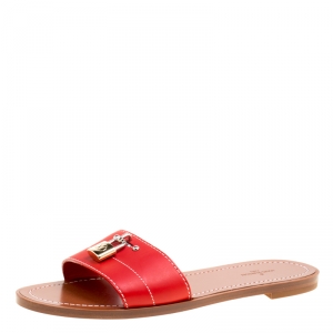 Pre Owned Louis Vuitton Red Leather Lock It Flat Slides Size 37