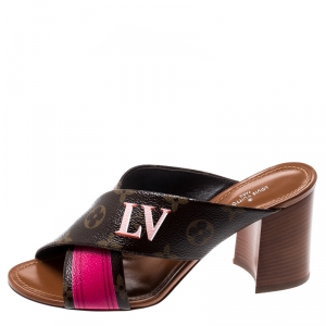 Pre Owned صندل سلايد لوي فيتون نوراما كانفاس وردي/بني مونوغرامي مقاس 37