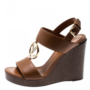 Pre Owned Louis Vuitton Brown Leather Vedette Platform Wedge Sandals Size 37.5