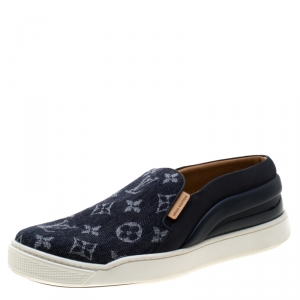 Louis Vuitton Blue Monochrome Canvas And Leather Slip On Sneakers Size 37.5