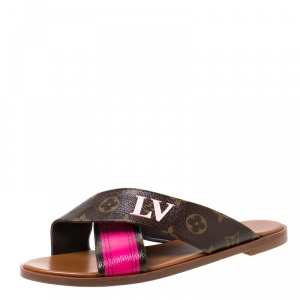 Pre Owned Louis Vuitton Brown/Pink Monogram Canvas Panorama Cross Strap Flat Slides Size 39