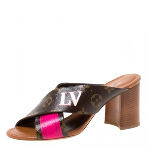 Pre Owned Louis Vuitton Brown/Pink Monogram Canvas Panorama Slide Mule Sandals Size 37