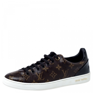 Louis Vuitton Brown Monogram Canvas and Black Patent Leather Frontrow Low Top Sneakers Size 40