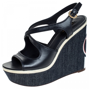 Pre Owned Louis Vuitton Blue Leather Wedge Platform Ankle Strap Sandals Size 39