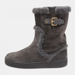Pre Owned Louis Vuitton Grey Suede and Shearling Fur Ankle Boots Size 37