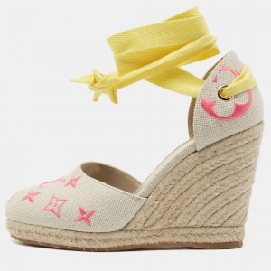 Louis Vuitton Beige Monogram Canvas Wedge Espadrille Pumps Size 37.5