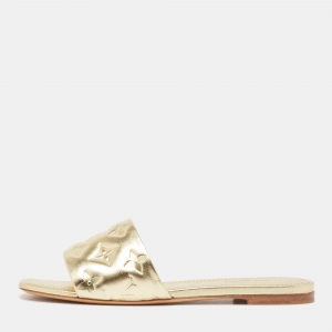 Louis Vuitton Gold Monogram Embossed Leather Revival Flat Slides Size 38