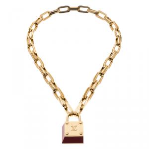 Pre Owned Louis Vuitton Lock'N'Roll Red Enamel Gold Tone Necklace