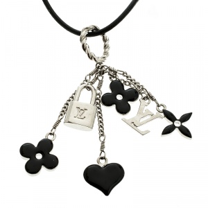 Pre Owned Louis Vuitton Black Sweet Monogram Black Enamel Silver Tone Pendant Necklace