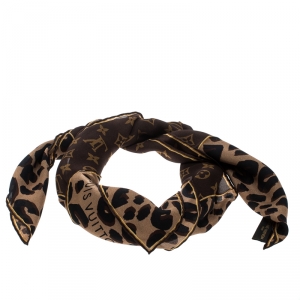 Pre Owned Louis Vuitton Brown Monogram and Animal Printed Silk Square Scarf