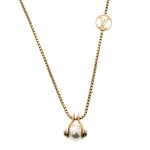 Pre Owned Louis Vuitton LV Speedy Faux Pearl Gold Tone Pendant Necklace