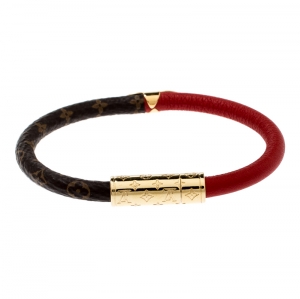 Pre Owned Louis Vuitton Monogram Canvas Daily Confidential Red Leather Bracelet 17 cm