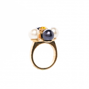 Louis Vuitton Cry Me A River Crystal Faux Pearl Gold Tone Cocktail Ring Size 50.5