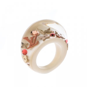 Pre Owned Louis Vuitton Cream Clear Resin Gold Tone Monogram Inclusion Ring Size 53