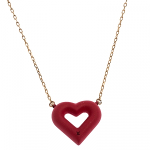 Pre Owned Louis Vuitton Red Heart Gold Tone Necklace