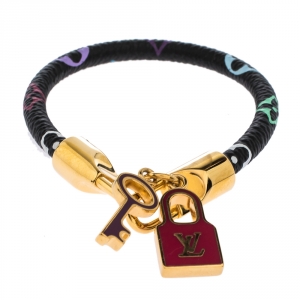 Pre Owned Louis Vuitton Luck It Black Monogram Canvas Gold Tone Charm Bracelet