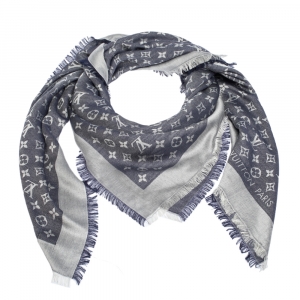 مملوكة مسبقًا وشاح لوي فيتون دنيم مونوغرامي مزيج صوف و حرير أزرق