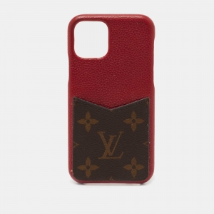 Pre Owned Louis Vuitton Red Leather and Monogram Canvas iPhone 11Pro Bumper Case