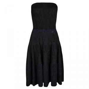 Louis Vuitton Black and Navy Blue Puckered Effect Silk Knit Strapless Dress S