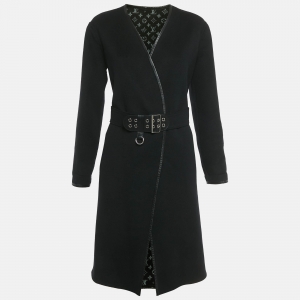Pre Owned Louis Vuitton Black Wool Open Front Belted Leather Trim Coat S 