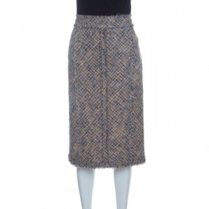 Louis Vuitton Tan and Blue Textured Fringed Pencil Skirt L