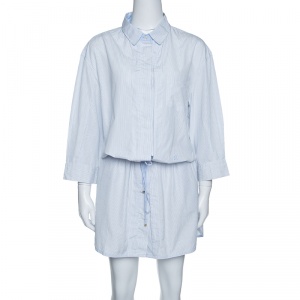 Louis Vuitton Blue and White Striped Cotton Drop Waist Tie Detail Shirt Dress XL