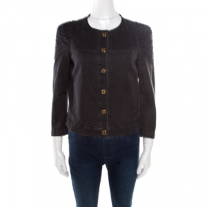 Louis Vuitton Black Washed Effect Denim Monogram Embroidered Collarless Jacket M