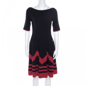 Louis Vuitton Navy Blue Wool and Cashmere Contrast Trim Detail Boat Neck Dress L