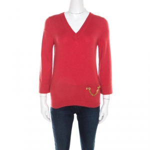 Louis Vuitton Red Cashmere Embellished Pocket Sweater M 