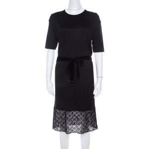 Louis Vuitton Black Stretch Knit Belted Short Sleeve Dress S