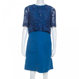Louis Vuitton Cobalt Blue Crepe Overlay Bodice Shift Dress L