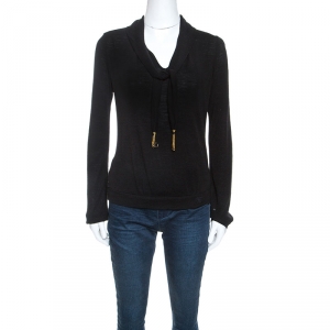 Louis Vuitton Black Wool Tassel Tie Detail Knit Top M