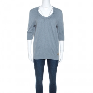 Louis Vuitton Grey Cashmere Twisted Collar Detail Short Sleeve Sweater M