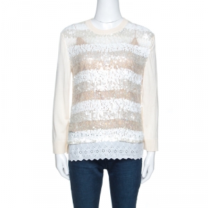 Louis Vuitton Cream Wool Blend Sequin Embellished Top M